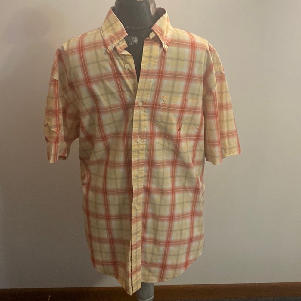 Nautica orange, yellow, gray plaid shirt, size Large